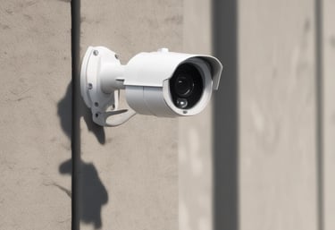 Technician installing a security camera on a modern office building exterior.