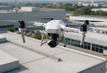 Drone equipped with thermal cameras performing an inspection of a modern industrial roof in a French tech park, high-end professional equipment.