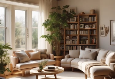 A cozy living room with soft ivory walls, warm wood accents, and plush cushions bathed in natural light.