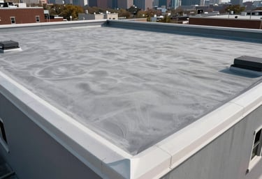 Wide-angle photograph of a finished, clean, gray commercial flat roof showing perfectly sealed edges and drainage points, set against a Toms River, NJ skyline.