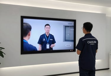 Technician repairing a modern high-end smart TV in a cozy living room.