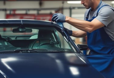 A clean, modern auto shop with technicians using absorbent wipes on vehicle surfaces.