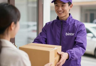 A friendly local grocery store with a delivery person handing over a shopping bag to a happy customer at home.