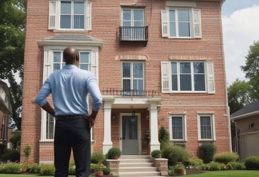 A professional inspector examining a home's roof with a clipboard in hand on a sunny day.