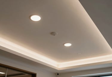 Low angle shot of a newly installed modern ceiling with recessed lighting in a renovated North American / Hispanic commercial building.