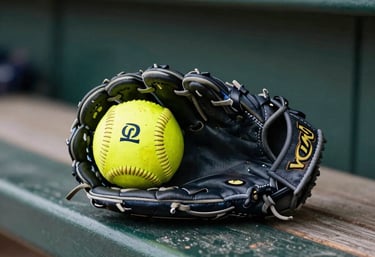 Close-up photography of a professional softball and a leather glove resting on a dugout bench in a North American / US stadium, sharp focus, natural daylight, sophisticated athletic mood.