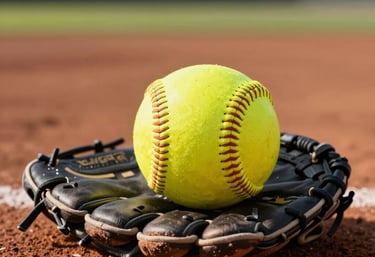 Close-up photography of a yellow softball resting on a leather glove atop the red clay of a pitcher's mound, soft afternoon sunlight, North American / US park setting.