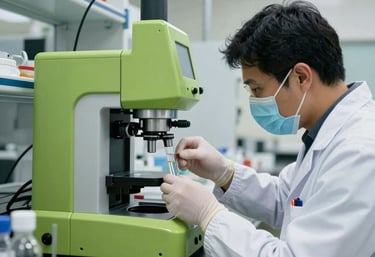 A modern industrial laboratory setting in Mexico where a specialist is analyzing water samples with precision equipment, apple green accents visible.