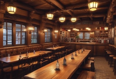Cozy traditional Austrian restaurant interior with wooden tables and warm lighting