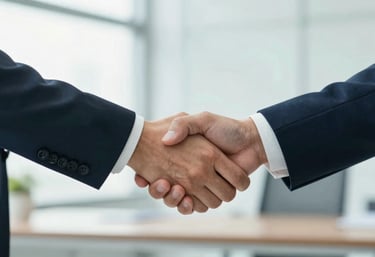 Professional handshake in a bright office setting, representing strong business partnerships and authority, palette includes #CAD2C5.