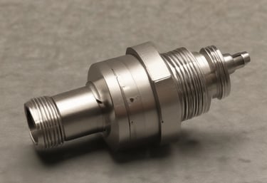 Close-up of shiny hydraulic fittings arranged neatly on a workshop table.