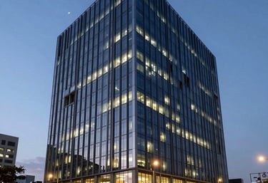 A wide shot of a modern architectural building at dusk, with lights shining through glass windows, symbolizing global corporate infrastructure and digital stability. South Asian / Global Professional urban landscape.