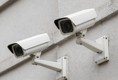 Security camera mounted on a wall overlooking a parking lot.