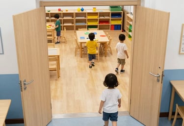 A teacher gently guiding a group of young children in a colorful classroom.
