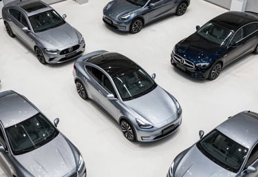 An aerial view of a clean, organized automotive showroom featuring several high-quality used cars, minimalist design with white and gray floors.
