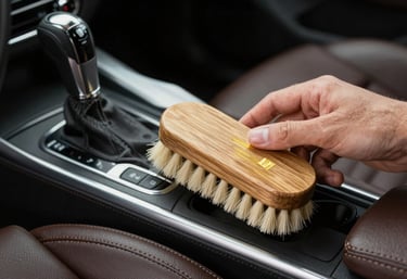 Close-up of a luxurious leather car interior being treated with a soft brush and gold-labeled cleaner. The scene is shot with high detail in a Western European studio.