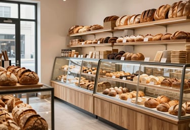 A wide shot of a bright, minimalist artisanal bakery in a North American / European city with shelves of fresh bread and a warm atmosphere.