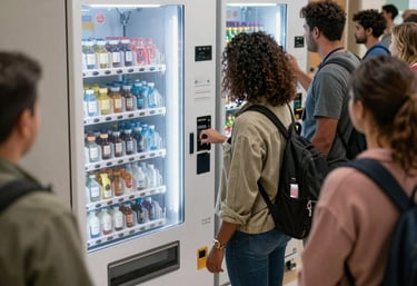 A sleek vending machine in a cozy Florianópolis office setting, with a warm glow.
