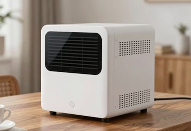 Detailed photography of high-tech air quality testing equipment placed on a wooden table in a clean, modern North American residential home.