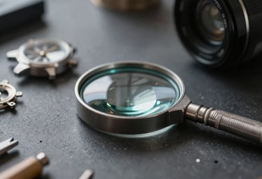 A close-up of a masculine, minimal environment featuring a steel loupe and watch parts on a dark workbench, lit by a soft cool light.