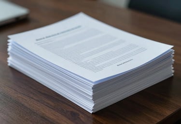 A stack of neatly formatted business documents on a dark wooden desk in a North American / US office setting, highlighted by soft Sky Blue side lighting.