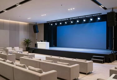 A sleek, modern corporate event venue in Brazil, featuring minimalist furniture, professional stage lighting, and a palette of steel blue and off-white.