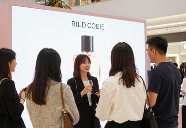 A lively event scene with vibrant lighting and engaged guests enjoying a creative setup.