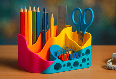 Colorful 3D printed desk organizer with pens and tools. Bright tech setup gift or office display.