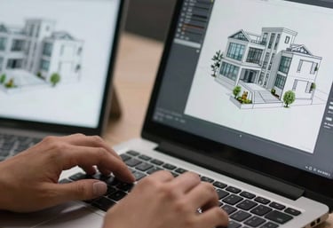 A close-up shot of hands typing on a sleek keyboard next to a tablet showing a 3D architectural rendering in a professional North American studio.