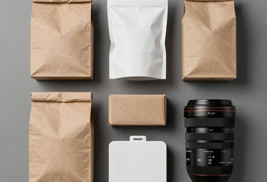 Professional flat-lay photography of high-quality packaging materials and industrial supplies. Neutral grey background, sharp focus, clean and organized look.