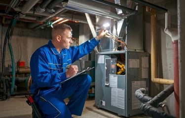 Professional HVAC technician inspecting a home furnace system for repair and maintenance.