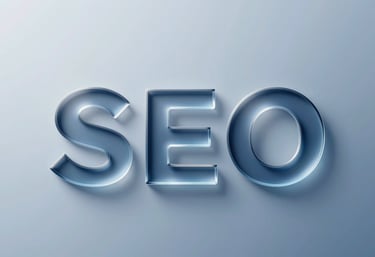 A minimalist tech-themed graphic representing growth and SEO, with soft shadows and high-end glass textures in #5E8BA8.