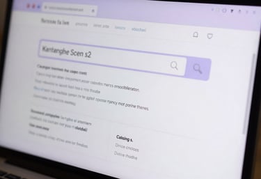 A sharp, detailed photograph of a clean, modern computer screen displaying search engine metrics with soft lavender highlights.