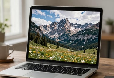 A sleek laptop displaying a modern website design with earthy tones and mountain imagery.