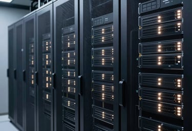 An organized, modern server room with muted sage and deep navy hardware, glowing with soft warm off-white indicator lights.