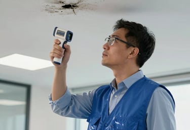 A professional restoration expert in a protective steel blue vest inspecting a ceiling for water damage using an infrared camera in a Miami office.