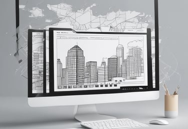 Close-up of a modern website wireframe with dark backgrounds and vibrant color accents.