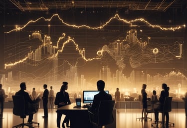 A sleek modern office with dark tones and golden accents, symbolizing innovation and trust.