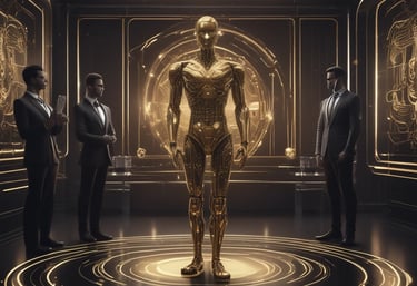 Team collaborating around a table with digital screens showing AI workflow diagrams.