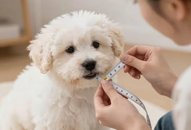  persona usa una cinta métrica para revisar el tamaño de cachorro blanco esponjoso 
