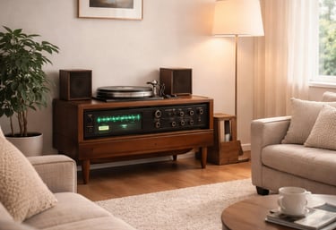 Patefonas su vinilinėmis plokštelėmis ir porcelianiniais indais interjere