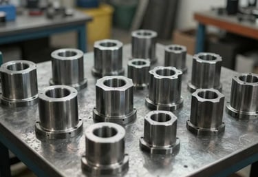 A collection of finished industrial components on a metal workbench. The scene is illuminated by soft light reflecting off steel surfaces in a Middle Eastern / Turkish workshop, conveying a sense of precision and professional order.