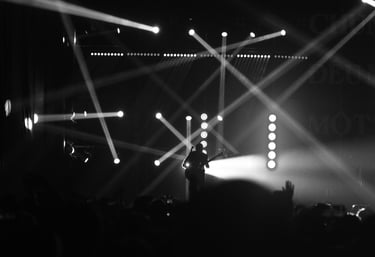 Musician on stage during a live concert with dramatic lighting.