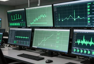 A high-tech control room with screens displaying energy data in shades of medium sage green and dark slate green, representing operations management.