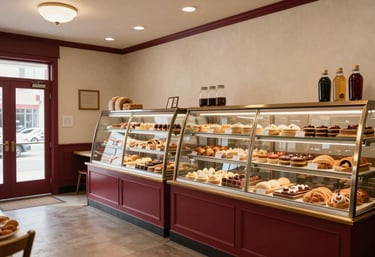 A wide shot of an artisanal bakery in North American / US during the morning. Cozy interior with Crisp Parchment walls and Deep Ripe Crimson décor.