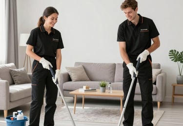 A friendly Azorclean Services team member carefully cleaning a bright, modern office space.