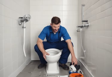 Professional plumber in blue uniform installing a white toilet in a tiled bathroom with plumbing tools.