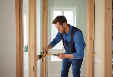 Professional carpenter installing a new wooden door frame during a home renovation project.
