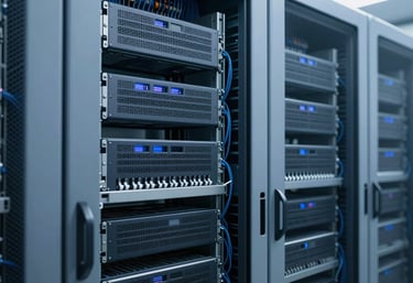 A modern data center aisle with clean blue-grey racks and neat cabling, representing sophisticated software infrastructure and security.
