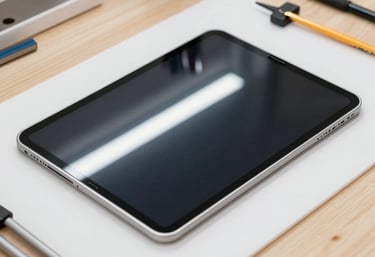 A modern laptop opened on a desk with visible hardware components being carefully inspected.
